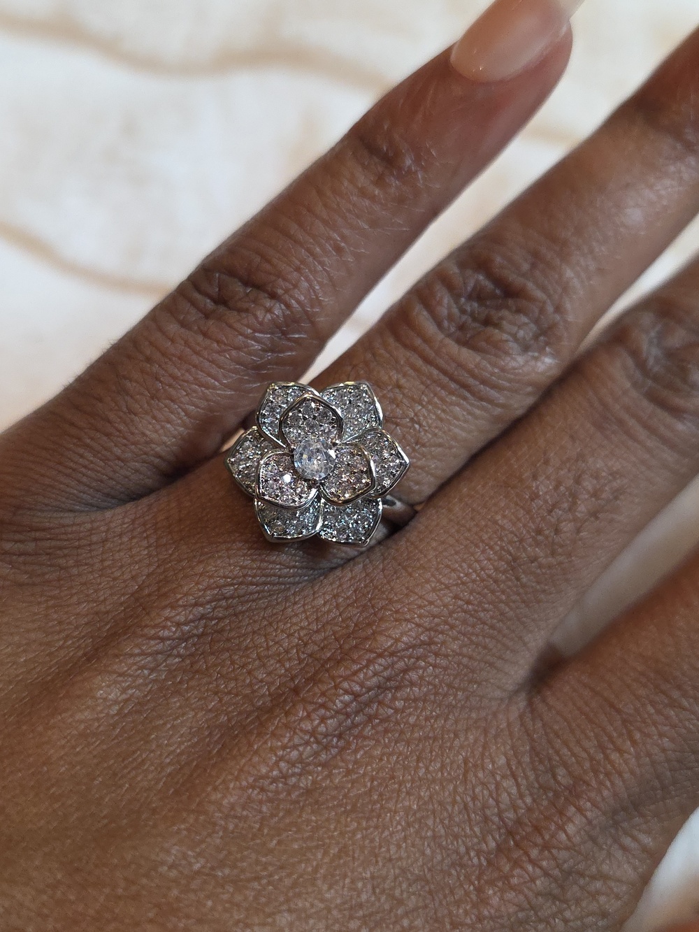 Silver Floral Pavé CZ Cocktail Ring - White